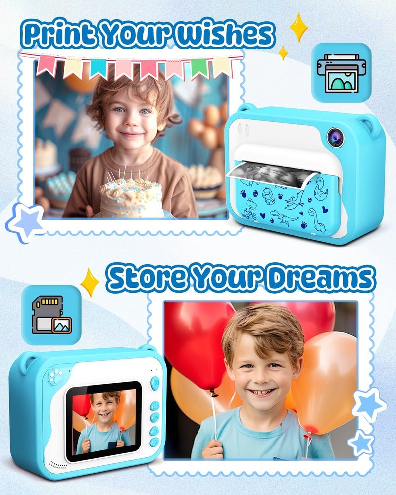 Usteetic Kids Camera Instant Print, Dinosaur Instant Print Camera for Kids with 1080P Video, 32GB SD Card, 240 Photos, Christmas Birthday Gifts for Boys Girls Ages 3-12 (Blue) - Image 2